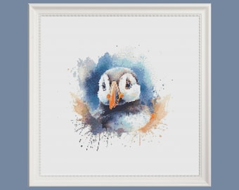 Puffin Watercolor Cross Stitch Pattern, Seaside Bird Embroidery (PDF Pattern)