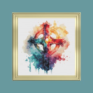 Catholic Cross Cross Stitch Pattern, Celtic Watercolour X Stitch Chart, Colourful Cross Stitch Pattern, Religious x Stitch