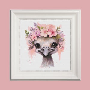 Struisvogel met bloemen tiara kruissteekpatroon, bloemenkaart, borduurwerk, safaridieren, wilde vogels, Aida, DMC, pdf instant download