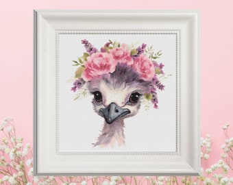 Ostrich with Floral Tiara cross stitch pattern, flower headpiece, chart, embroidery, safari animals, wild birds, Aida, pdf instant download