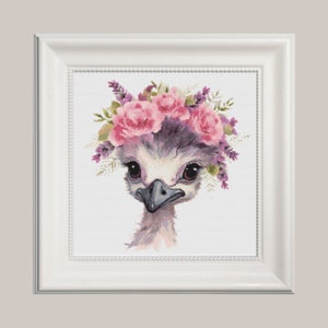 Kruissteekpatroon struisvogel met bloementiara, zendspoel bloem, kaart, borduurwerk, safaridieren, wilde vogels, Aida, pdf instant download