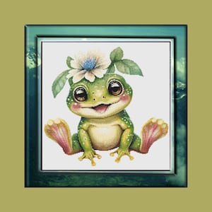 Stickmuster mit Frosch in grün, Kreuzstichmuster als Glücksbringer, Glücksfrosch, Amphibien, Glücksfrosch, Blumenfrosch, Blumenfrosch