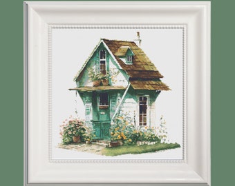 Cottage Cross Stitch Pattern, English Farmhouse, Shabby Chic (instant pdf download)