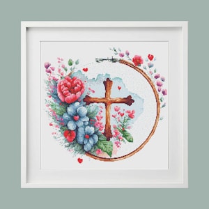 Religious Embroidery Hoop Cross Stitch Pattern, Watercolour X Stitch Chart, Colourful Cross Stitch Pattern, Christian Cross Stitch Chart