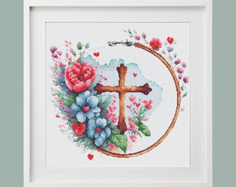 Floral Cross Stitch Pattern, Religious Embroidery (Digital Download)