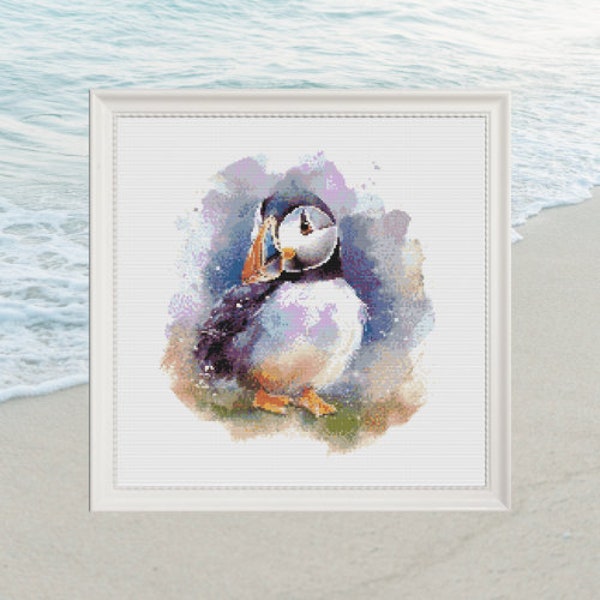 Puffin watercolour cross stitch pattern, chart, embroidery, animals, wild birds, seaside birds, cute animals, pdf instant download