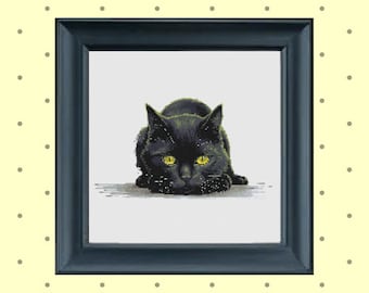 Black CAT cross stitch pattern, chart, hand embroidery, yellow eyes, witch cat, lucky cat, Aida, DMC, instant download, pdf