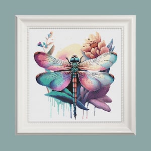 May include: A colourful dragonfly with iridescent wings is surrounded by pink and purple flowers. The dragonfly is in focus, and the flowers are blurred in the background. The image has a watercolour effect.