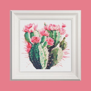 Patrón de punto de cruz de cactus, gráfico de punto de cruz de cactus floral, punto de cruz de cactus floral rosa, suculentas, cactus vintage, punto botánico
