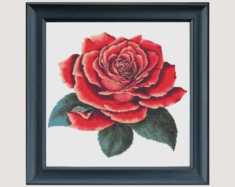 Rote Rose Blumen Kreuzstichmuster, Botanische Karte (Digitaler Download)