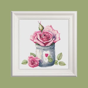 Padrão de ponto cruz de jarra de rosas, download instantâneo de PDF, gráfico de ponto cruz de rosas, padrão de ponto cruz floral, ponto Mason Jar X