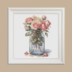 Schäbiges Glas Rosen Kreuzstichmuster, sofortiger PDF-Download, Blumen Kreuzstichvorlage, Floraler Kreuzstich, botanischer Stich