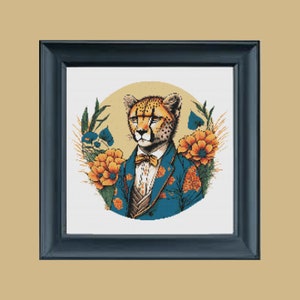 May include: A cheetah wearing a blue suit with a bow tie and floral patterns, surrounded by orange flowers and green leaves in a circular frame.