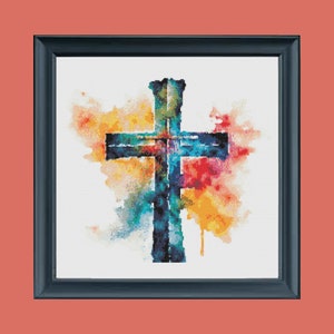 Christian Cross Cross Stitch Pattern, Instant PDF Download, Watercolour X Stitch Chart, Colourful Cross Stitch Pattern, Religious x Stitch
