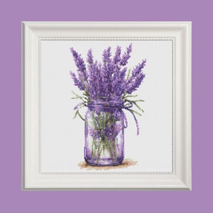 Patrón de punto de cruz de tarro de lavanda en mal estado, descarga instantánea en PDF, gráfico de punto de cruz de flores, punto de cruz floral, punto botánico