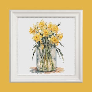 Patrón de punto de cruz de narcisos en un tarro de cristal, descarga instantánea en PDF, gráfico de punto de cruz de flores, punto de cruz floral, punto botánico