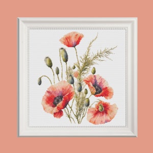 Klaprozen kruissteekpatroon, kruissteekkaart wilde klaproos, bloemen kruissteekpatroon, botanische steek, rode bloemen, klaprozen