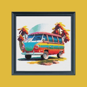 May include: A colorful vintage van with a rainbow paint job is parked in front of palm trees. The van has a white roof and a blue and green stripe on the front. The van is on a white background.