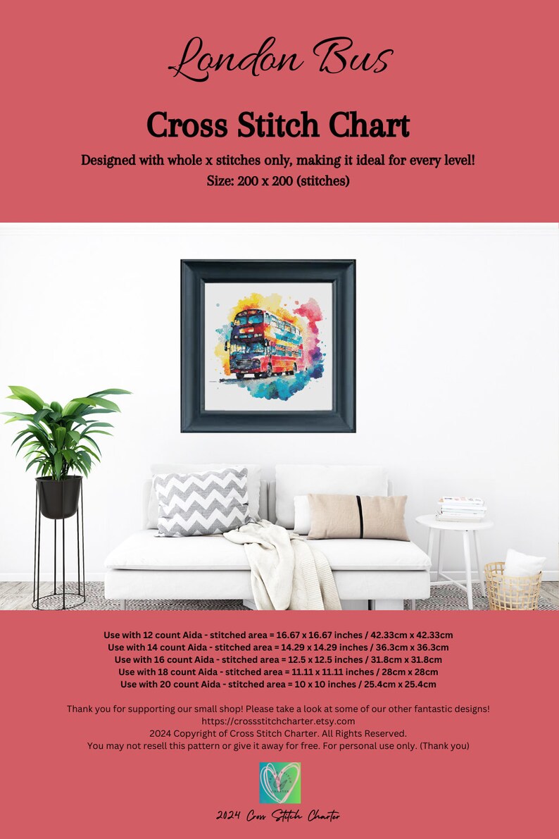 London Bus Cross Stitch Pattern, Double Decker Bus Cross Stitch Chart ...
