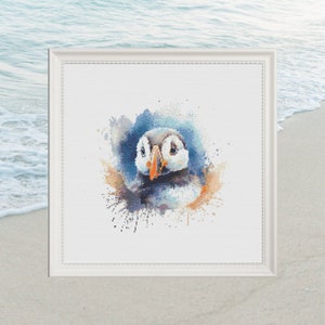 Puffin watercolour cross stitch pattern, chart, embroidery, animals, wild birds, seaside birds, Aida, pdf instant download
