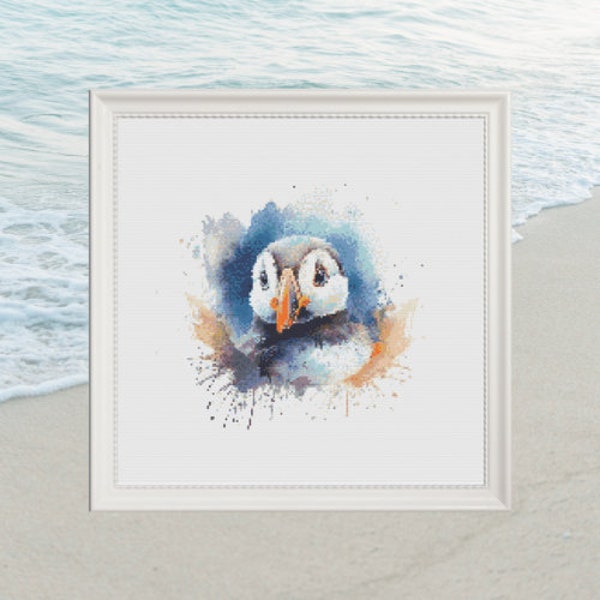 Puffin watercolour cross stitch pattern, chart, embroidery, animals, wild birds, seaside birds, cute animals, pdf instant download