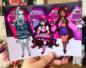 Monster Girls Haunt Couture 14cm or 19cm Art Print ~ Vampire, Werewolf and Frankenstein