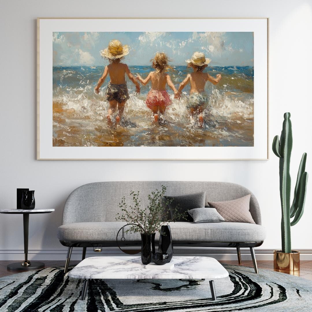 Children at Beach Painting | Blue Ocean | Digital Wall Art | Nautical ...