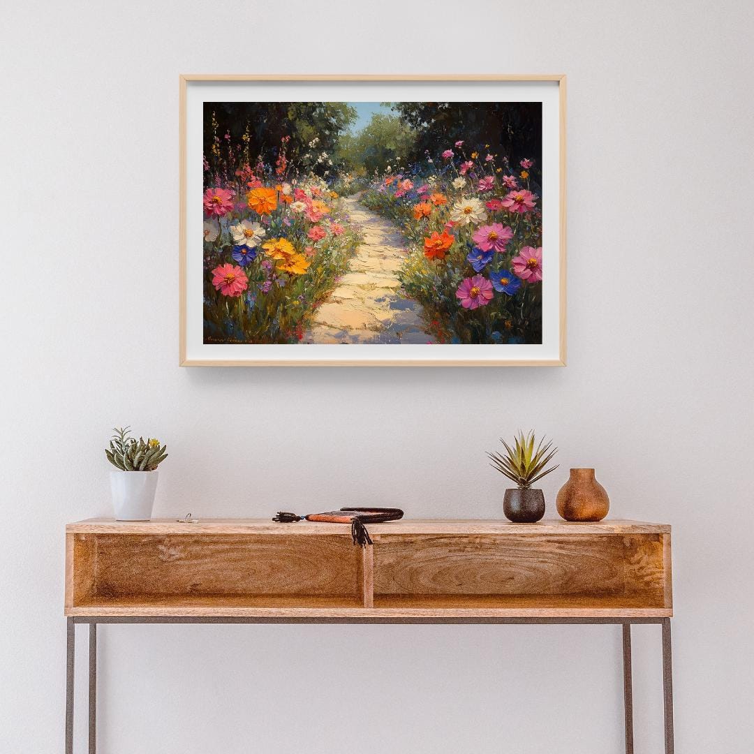 Floral Path Oil Painting | Blossom Flowers Garden Painting | Village ...