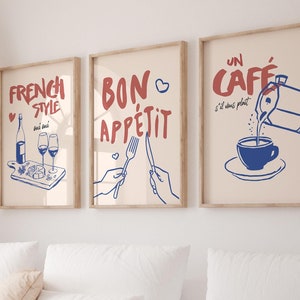 Set mit 3 Drucken – Gedruckte Poster, französischer Stil, Bon Appétit, Café – Moderne Wandkunst – Handillustrierte Poster, Wanddekorationen