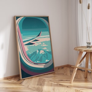Impresión 'Avión' - Arte de pared colorido, cartel de ilustración de ventana de avión de nubes - Póster impreso - Decoración de pared - Inspiración de viaje