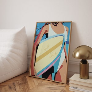 Impresión 'Surf Chick' - Arte moderno de pared colorido, cartel de ilustración de mujer surfeando - Cartel impreso - Decoración de pared - Regalo para ella