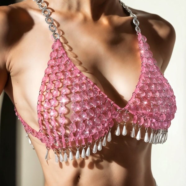 Pink Halter Bra Metal Rhinestone Corset Crop Top I Rave Accessories I Rave Outfit I Festival Outfit
