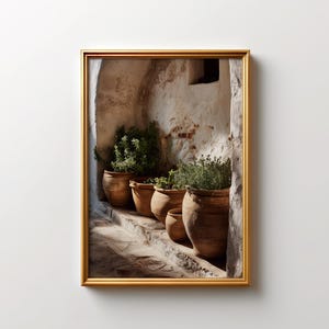 Puede incluir: Una impresión enmarcada que muestra un callejón soleado con escaleras y paredes envejecidas y texturizadas. Varias macetas de terracota con plantas verdes están dispuestas en las escaleras. El marco es dorado.