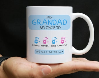 Personalised This Grandad Belongs to Mug with Hand Prints and His Grandchildren Names. Handmade Ceramic Gift for Grandad on His Birthday