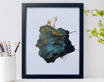 Framed Original 8x10" Abstract Acrylic Pouring Paint Fluid Artwork on Canvas board. Turquoise, Green, Blue, Black, and Gold. Wall Art | Gift