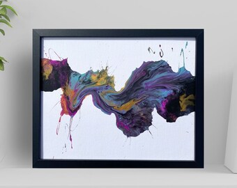 Framed Original 8x10" Abstract Acrylic Pouring Paint Fluid Artwork on Canvas board. Purple, Green, Pink, Black, Gold. Wall Art | Home | Gift