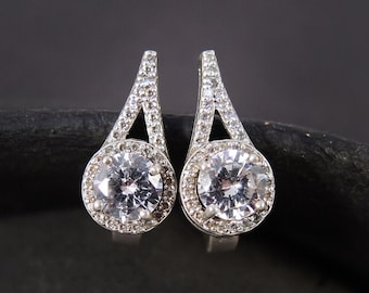 Halo Sterling Silver Earrings, Diamond CZ Earrings, Spike Dainty Multi-stone Earrings, Sparkling Fashionable Gems