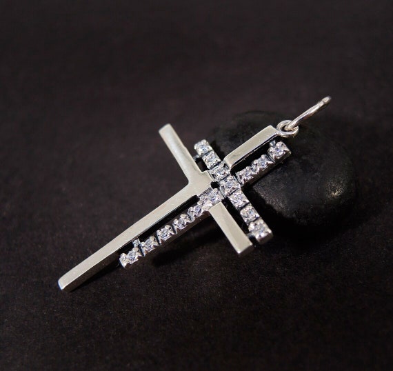 Christian Stone Double Cross Pendant 925 Silver, … - image 4