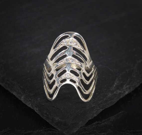 Sterling Silver Long Armor Ring, Statement Boho H… - image 1