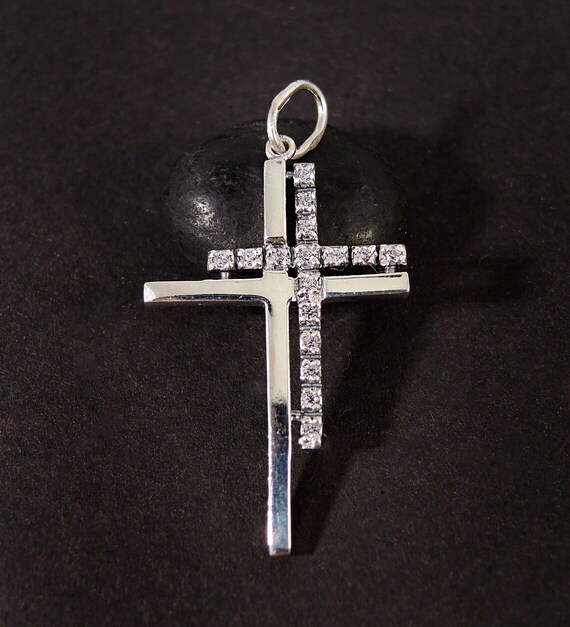 Christian Stone Double Cross Pendant 925 Silver, … - image 2