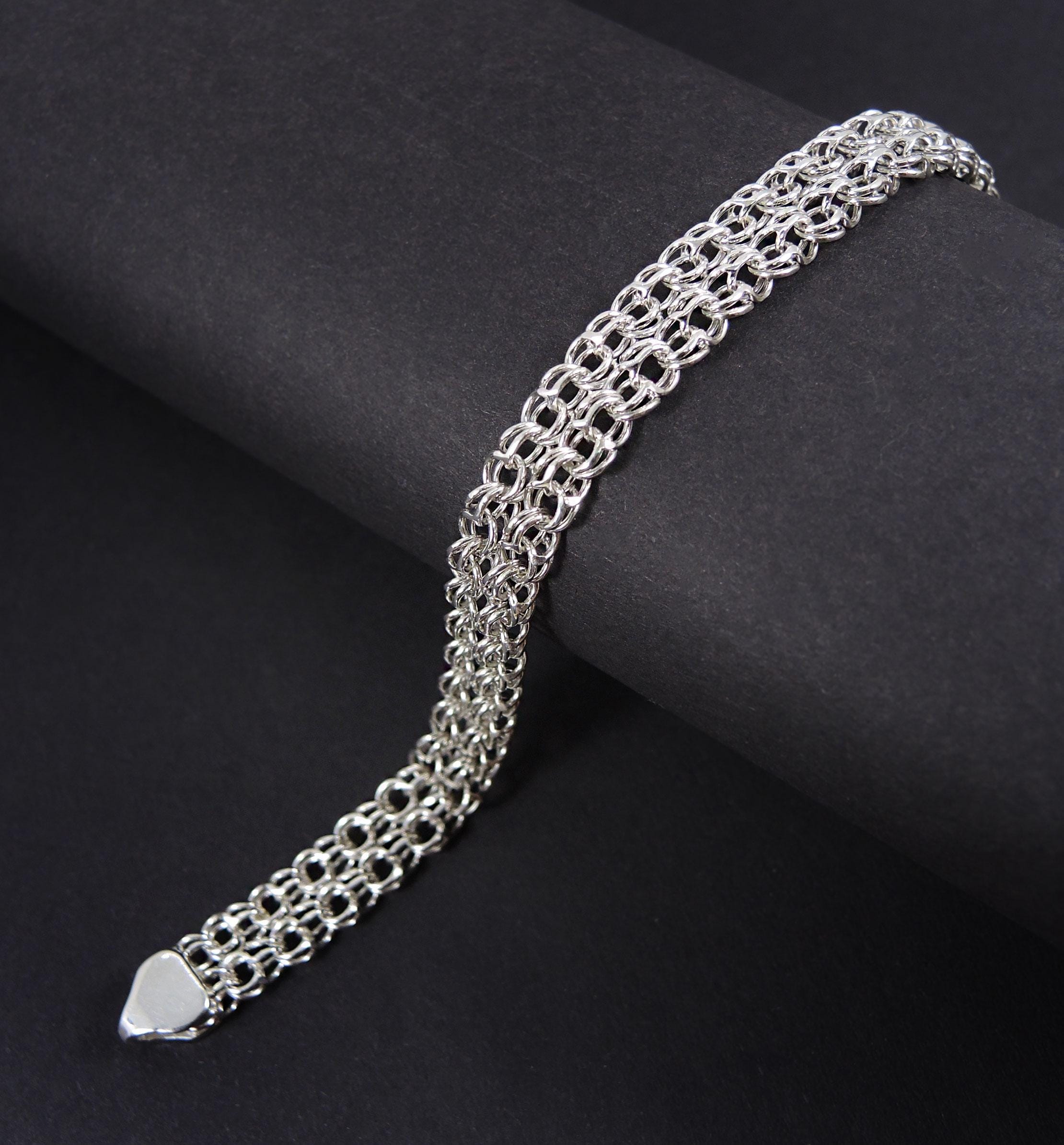Wide Chain Bracelet 925 Solid Sterling Silver, Byzantine Silver