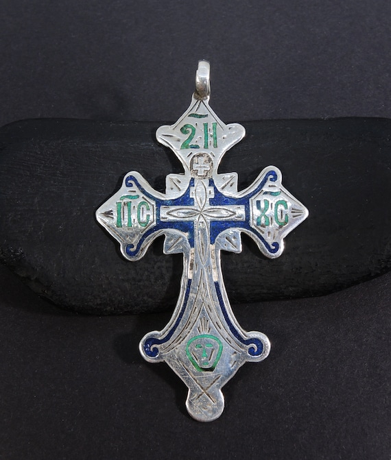 Antique Enamel Cross Pendant 84 Silver, Imperial … - image 2