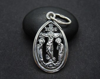Jesus Christ The Crucifixion Calvary Sterling silver Medallion, 925 silver Teardrop Christian Pendant Protection Religion Amulet