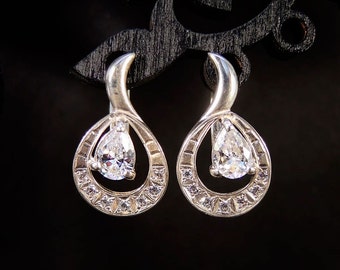 Halo Sterling Silver Earrings, Diamond CZ Earrings, Pear Dainty Multi-stone Earrings, Sparkling Fashionable Gems Jewel