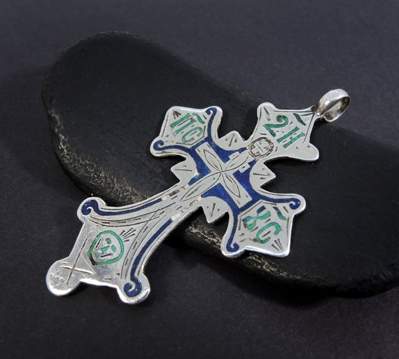 Antique Enamel Cross Pendant 84 Silver, Imperial … - image 4