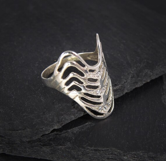 Sterling Silver Long Armor Ring, Statement Boho H… - image 8