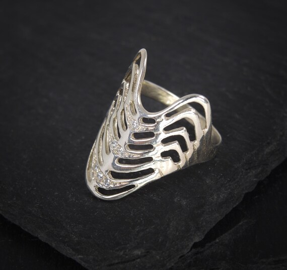 Sterling Silver Long Armor Ring, Statement Boho H… - image 3