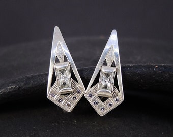 Spike Geometric 925 Silver Earrings, Multi-stone CZ Earrings, Rhombus Minimalist Earrings on every day