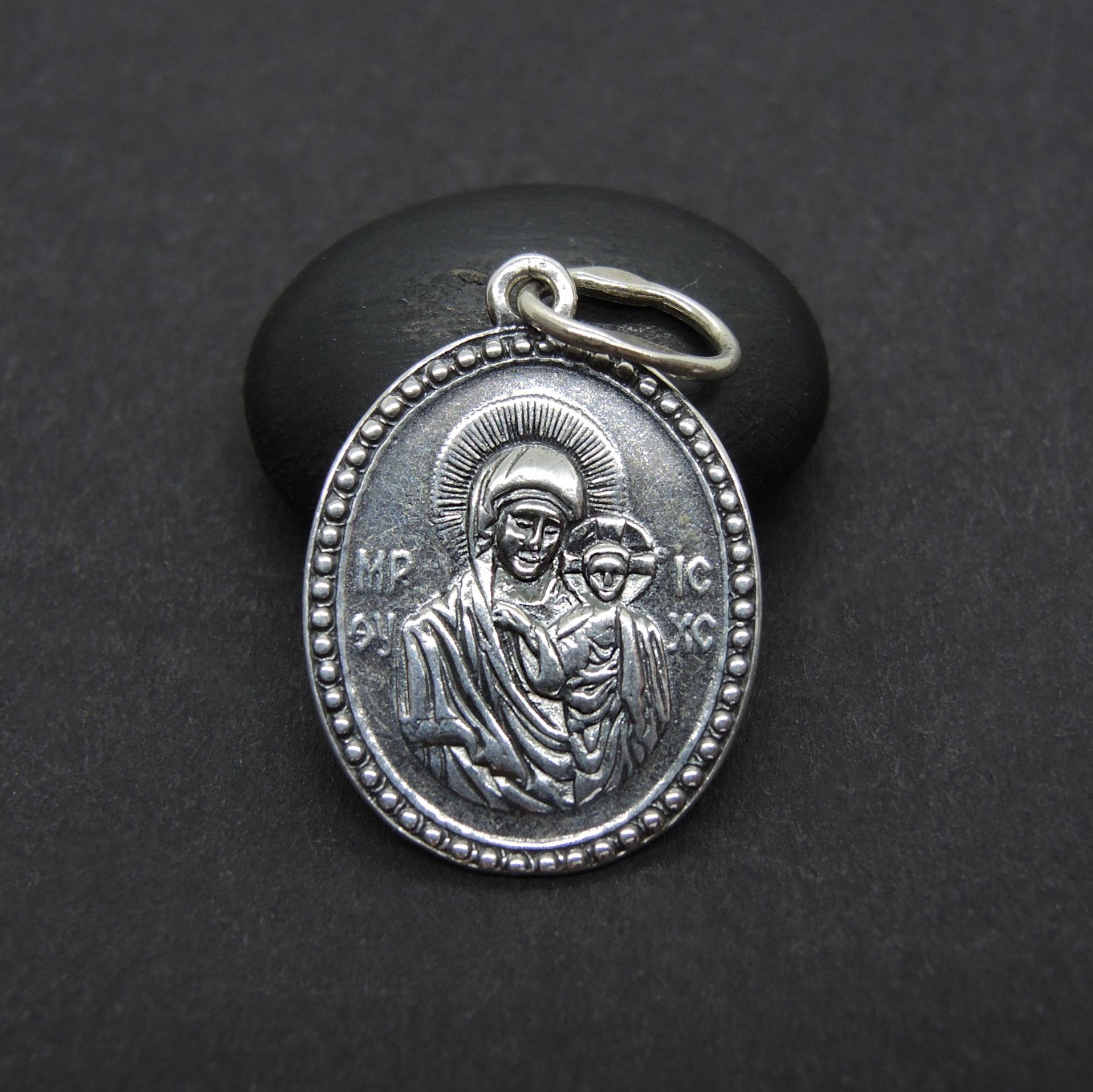 Bless Virgin Mary Pendant, Mary with the Child  Orthodox Medallion, Saint Mother of God icon, Small Protection Charm 925 Silver