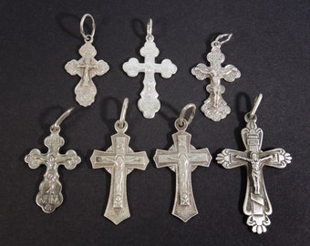 Different Cross Pendant 925 Silver, Lot of Vintage Small Christian Cross, Lord Have a Mercy, Religion Protection Charm set of 7